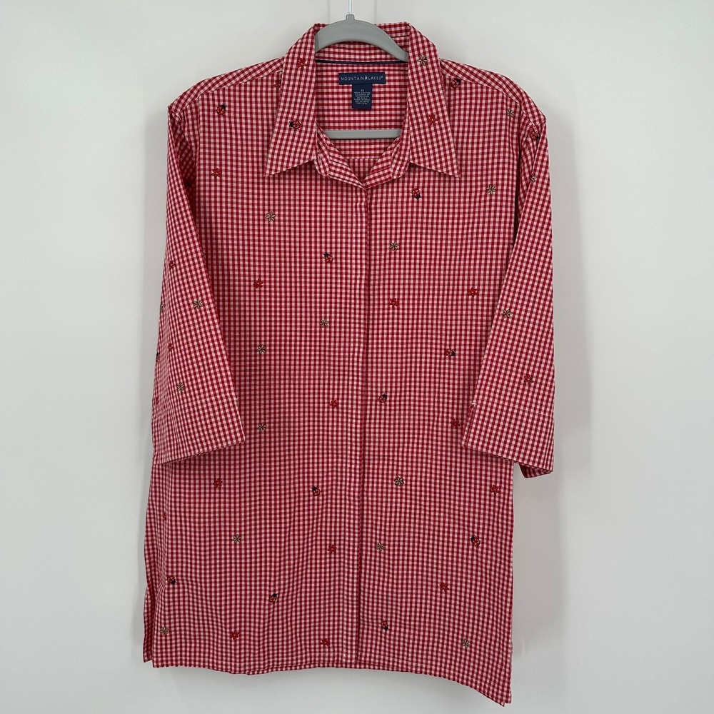 Womens Whimsical Gingham Check Ladybug Embroidered Top Size 1X Picnic Farmhouse